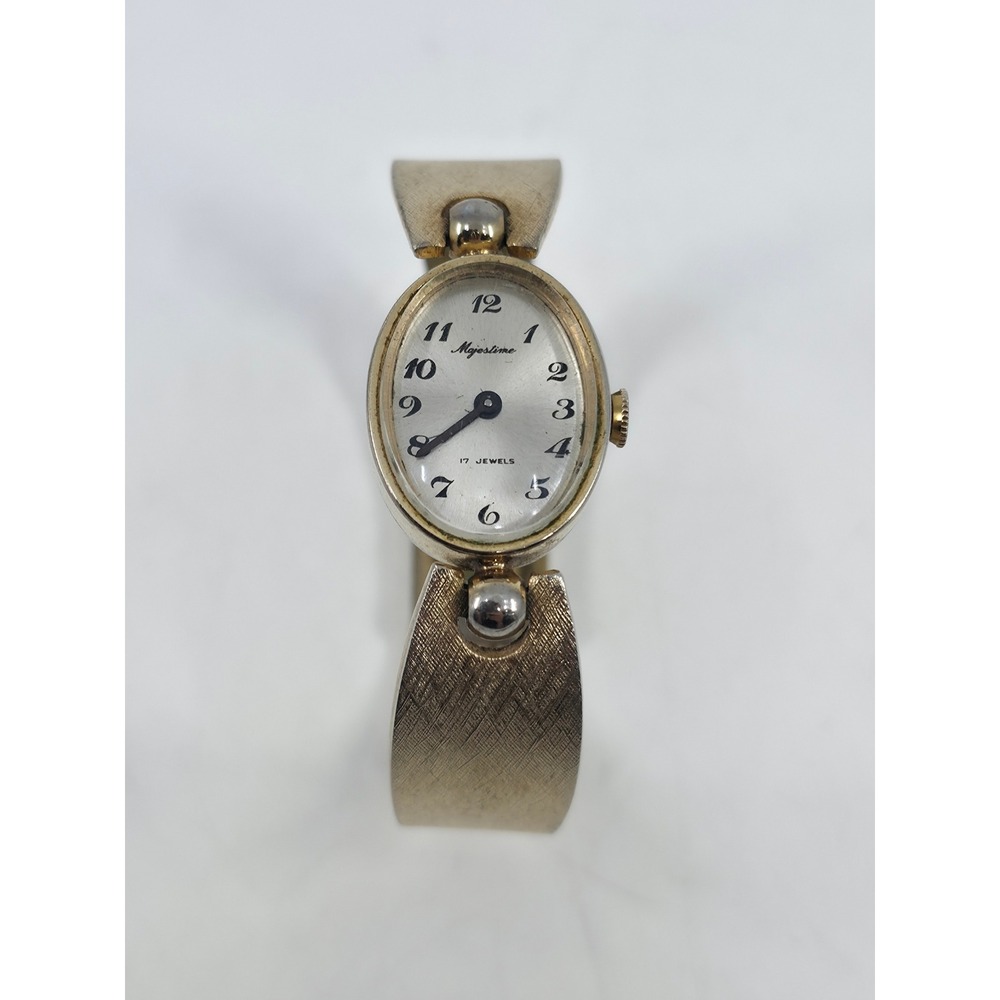 Vintage Majestime 17 Jewels Women Oval Gold Tone Bangle Manual Wind Watch Works